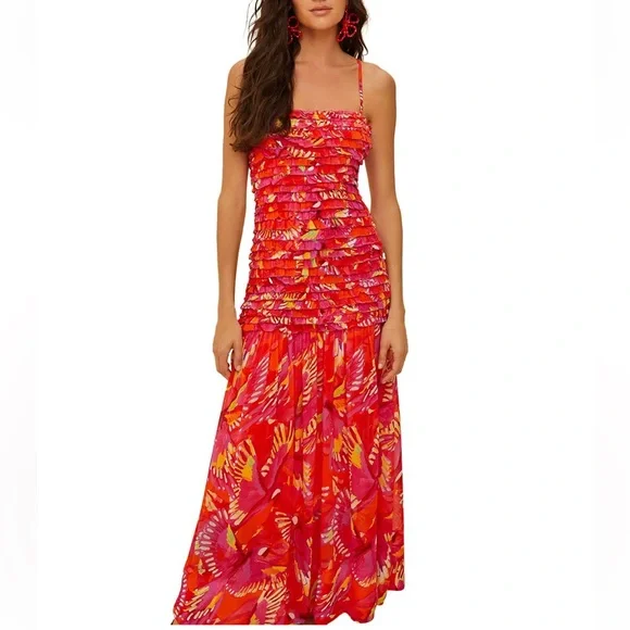 FARM Rio Red Tropical Strapless Smocked Midi Dress - WORN ONCE - No Straps - Picture 2 of 3
